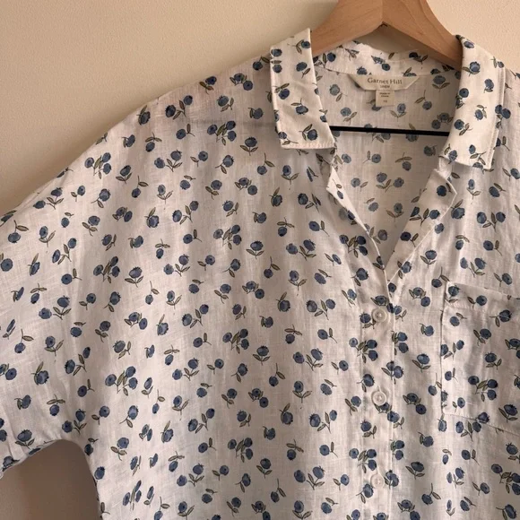 Garnet Hill | 100% Flax Linen Short-Sleeve Button-Front Blueberries Shirt US 10 - Picture 4 of 8